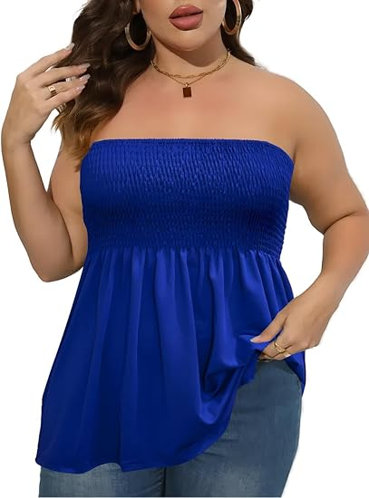 ⚡Flash Sale 👍Plus Size Solid Ruffle Hem Shirred Tube Top, Boho Fashion Chic Style Tops, Lady Strapless Top, Womenswear, Casual Sleeveless Strapless Black Top