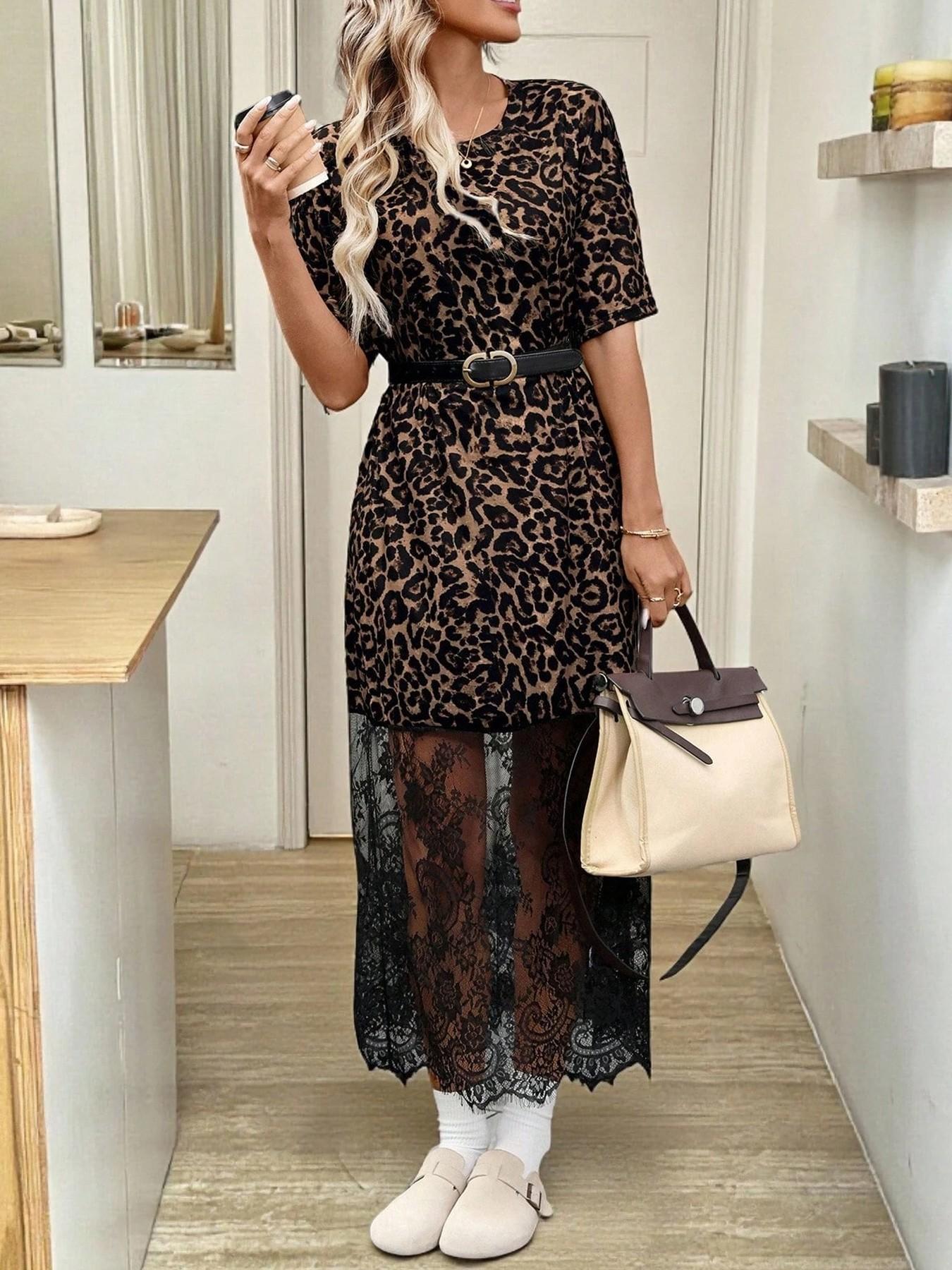 🔥 Meilleure vente | Robe maxi noire oversize à manches courtes et ourlet en dentelle transparente, épaules tombantes 