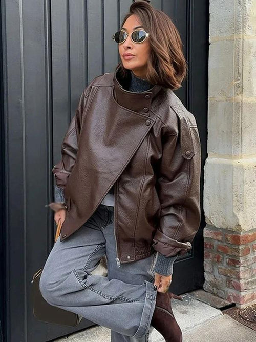 Faux Leather Stand Collar Oversized Moto Jacket, Elastic Hem Streetwear, Casual Long Sleeve Water- and Wind-Resistant Outerwear for Spring & Fall, Ladies Clothes for Daily Wear, Chic Outerwear