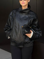 Faux Leather Stand Collar Oversized Moto Jacket, Elastic Hem Streetwear, Casual Long Sleeve Water- and Wind-Resistant Outerwear for Spring & Fall, Ladies Clothes for Daily Wear, Chic Outerwear