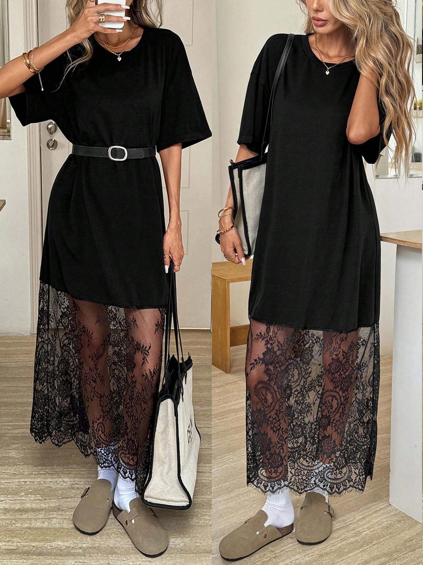 🔥 Bestseller | Schwarzes Oversize-Maxikleid im T-Shirt-Stil für Damen mit transparentem Spitzensaum, überschnittenen Schultern und kurzen Ärmeln 