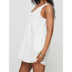 🔥 Bestseller | Weißes, schwingendes Minikleid für Damen mit Rundhalsausschnitt, lässigem Strandkleid, Rüschen und Karomuster