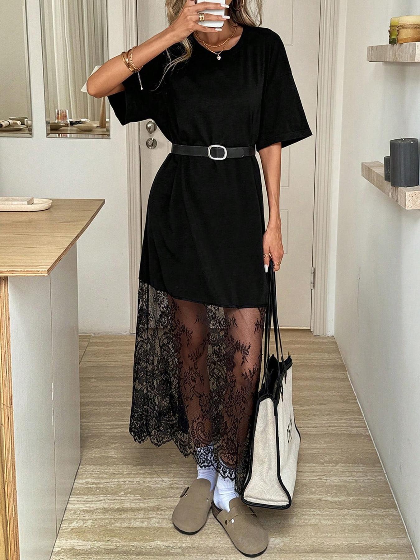 🔥 Meilleure vente | Robe maxi noire oversize à manches courtes et ourlet en dentelle transparente, épaules tombantes 