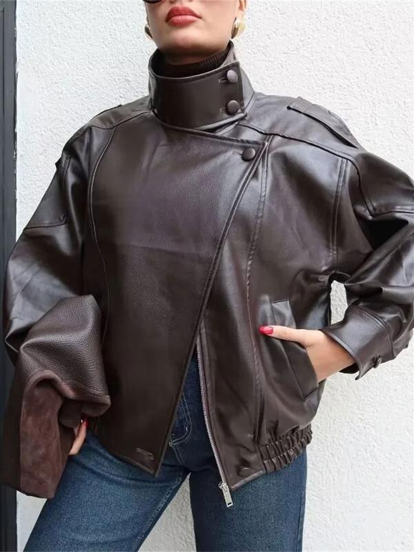 Faux Leather Stand Collar Oversized Moto Jacket, Elastic Hem Streetwear, Casual Long Sleeve Water- and Wind-Resistant Outerwear for Spring & Fall, Ladies Clothes for Daily Wear, Chic Outerwear