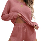 🔥 Bestseller | Zweiteiliges Damen-Outfit: Strickoberteil mit schulterfreiem Oberteil und Shorts, perfekt abgestimmter Anzug, süßes Pyjama-Set 
