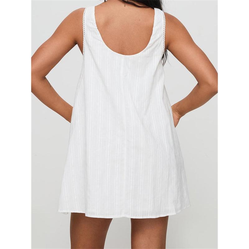 🔥 Bestseller | Weißes, schwingendes Minikleid für Damen mit Rundhalsausschnitt, lässigem Strandkleid, Rüschen und Karomuster