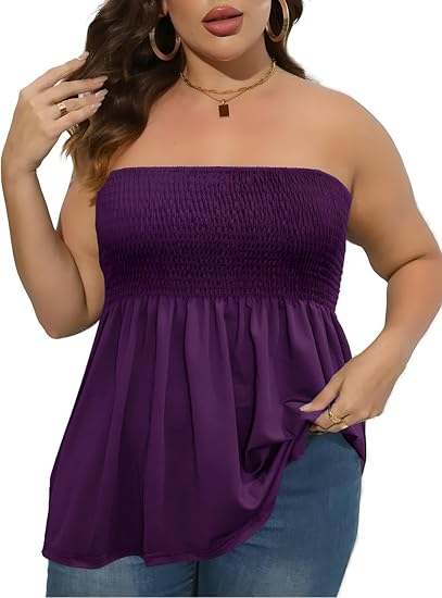 ⚡Flash Sale 👍Plus Size Solid Ruffle Hem Shirred Tube Top, Boho Fashion Chic Style Tops, Lady Strapless Top, Womenswear, Casual Sleeveless Strapless Black Top