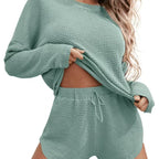 🔥 Bestseller | Zweiteiliges Damen-Outfit: Strickoberteil mit schulterfreiem Oberteil und Shorts, perfekt abgestimmter Anzug, süßes Pyjama-Set 