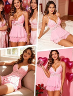 🔥 Bestseller | Damen-Pyjama-Set: Zweiteiliges Set aus einfarbigem Top und Shorts mit Spitzenbesatz 