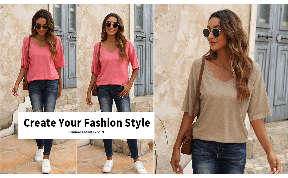 🔥 Best Seller | Women's Women Soft V Neck Tshirt Half Sleeve Lightweight Solid Color Loose Fit Minimalist Top Casual Comfortable Simple Womenswear shirts
