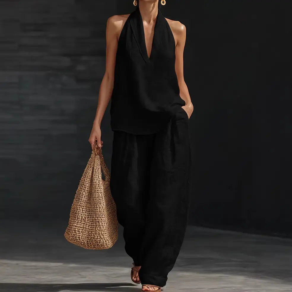 Boho Linen Two Piece Set - Perfect for Beach, Vacation & Brunch! Halter Neck Sleeveless Top Wide Leg Pants Set # TwoPieceSet # LinenSet # WideLegPants # HalterNeck # SummerOutfit # BohoFashion # CasualWear # Outfit of the Day # WomensFashion