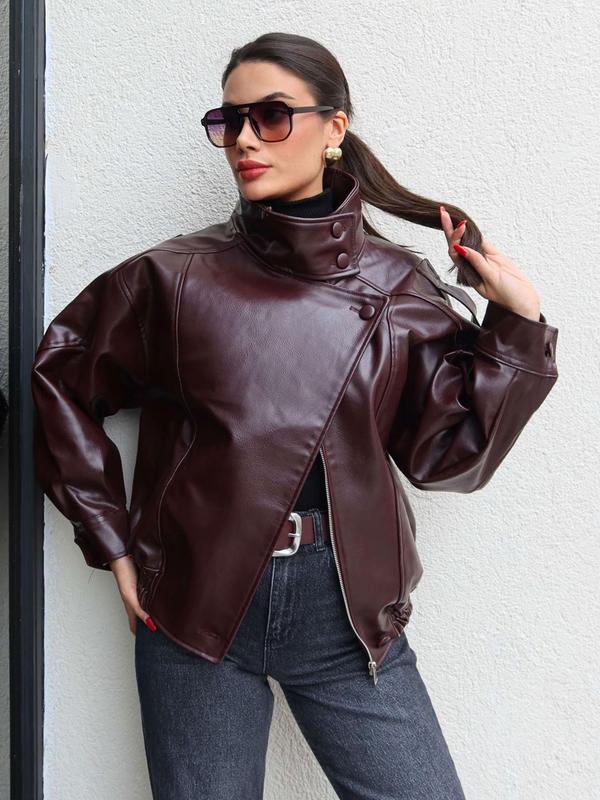 Faux Leather Stand Collar Oversized Moto Jacket, Elastic Hem Streetwear, Casual Long Sleeve Water- and Wind-Resistant Outerwear for Spring & Fall, Ladies Clothes for Daily Wear, Chic Outerwear