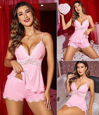 🔥 Bestseller | Damen-Pyjama-Set: Zweiteiliges Set aus einfarbigem Top und Shorts mit Spitzenbesatz 