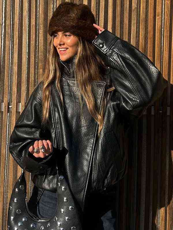 Faux Leather Stand Collar Oversized Moto Jacket, Elastic Hem Streetwear, Casual Long Sleeve Water- and Wind-Resistant Outerwear for Spring & Fall, Ladies Clothes for Daily Wear, Chic Outerwear