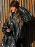 Faux Leather Stand Collar Oversized Moto Jacket, Elastic Hem Streetwear, Casual Long Sleeve Water- and Wind-Resistant Outerwear for Spring & Fall, Ladies Clothes for Daily Wear, Chic Outerwear