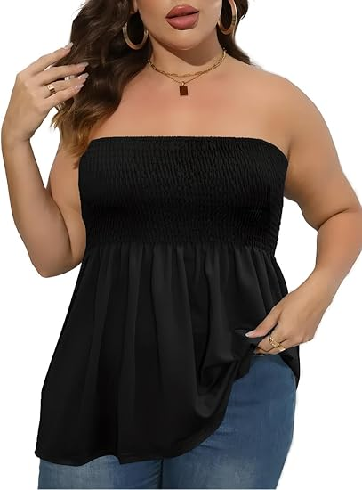 ⚡Flash Sale 👍Plus Size Solid Ruffle Hem Shirred Tube Top, Boho Fashion Chic Style Tops, Lady Strapless Top, Womenswear, Casual Sleeveless Strapless Black Top