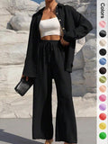 ⚡Stock limité | Ensemble deux pièces pour femme : chemise boutonnée unie et pantalon large à nouer, idéal pour le printemps et l'automne 