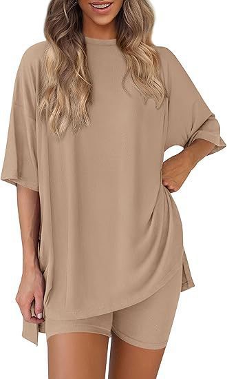 ⚡Low Stock | Crewneck Two-Piece Set For Women Summer  Casual Oversized  Split Hem Shirts & Minimalist Lounge Wear Soft Viscose Fabric Comfy Homewear Cozy Pjs