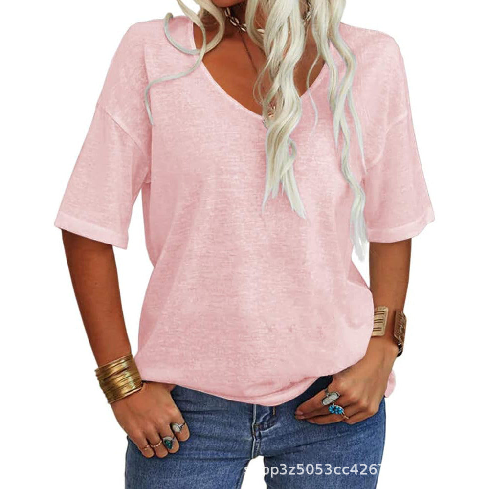 🔥 Best Seller | Women's Women Soft V Neck Tshirt Half Sleeve Lightweight Solid Color Loose Fit Minimalist Top Casual Comfortable Simple Womenswear shirts