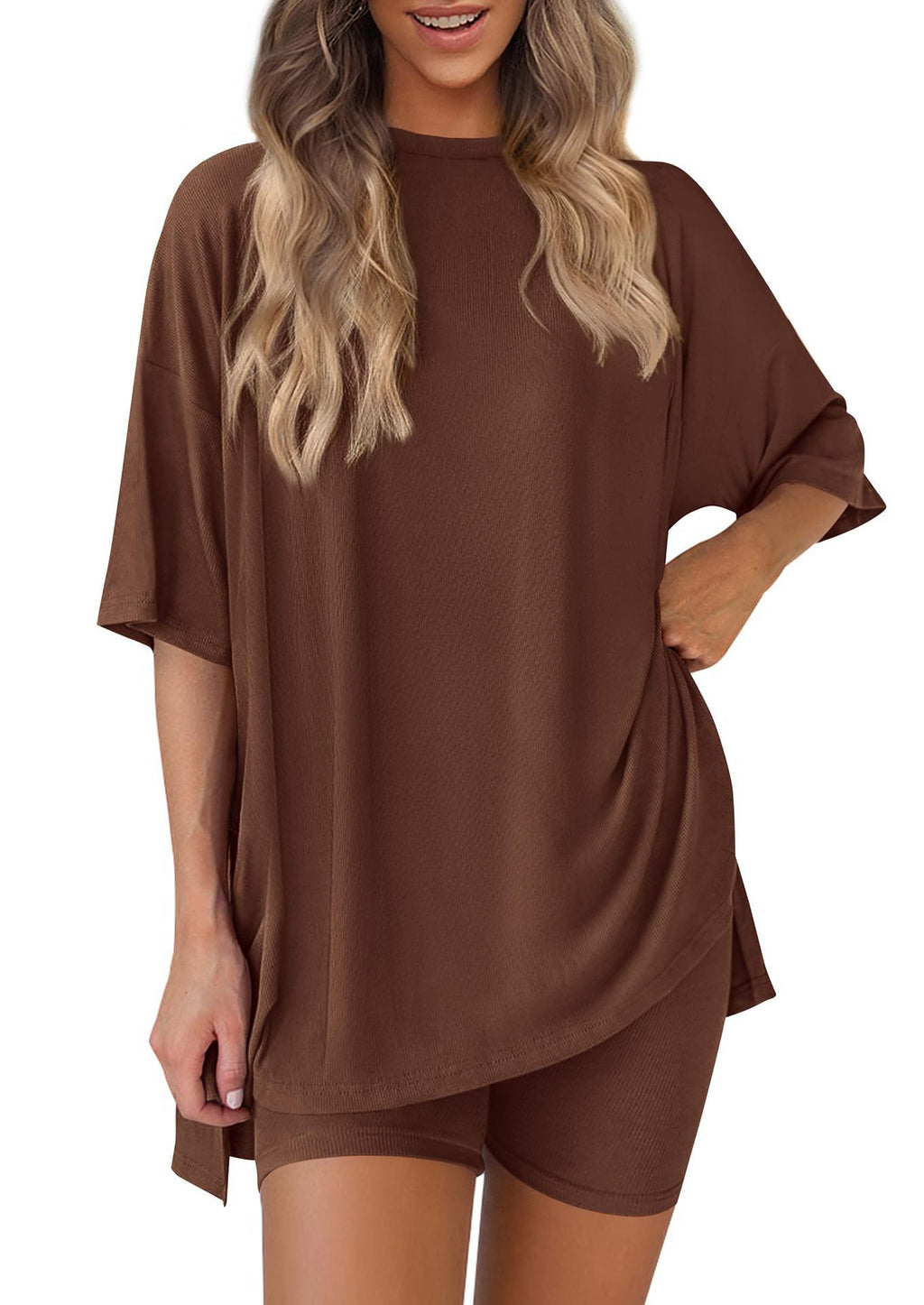 ⚡Low Stock | Crewneck Two-Piece Set For Women Summer  Casual Oversized  Split Hem Shirts & Minimalist Lounge Wear Soft Viscose Fabric Comfy Homewear Cozy Pjs