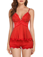 🔥 Bestseller | Damen-Pyjama-Set: Zweiteiliges Set aus einfarbigem Top und Shorts mit Spitzenbesatz 