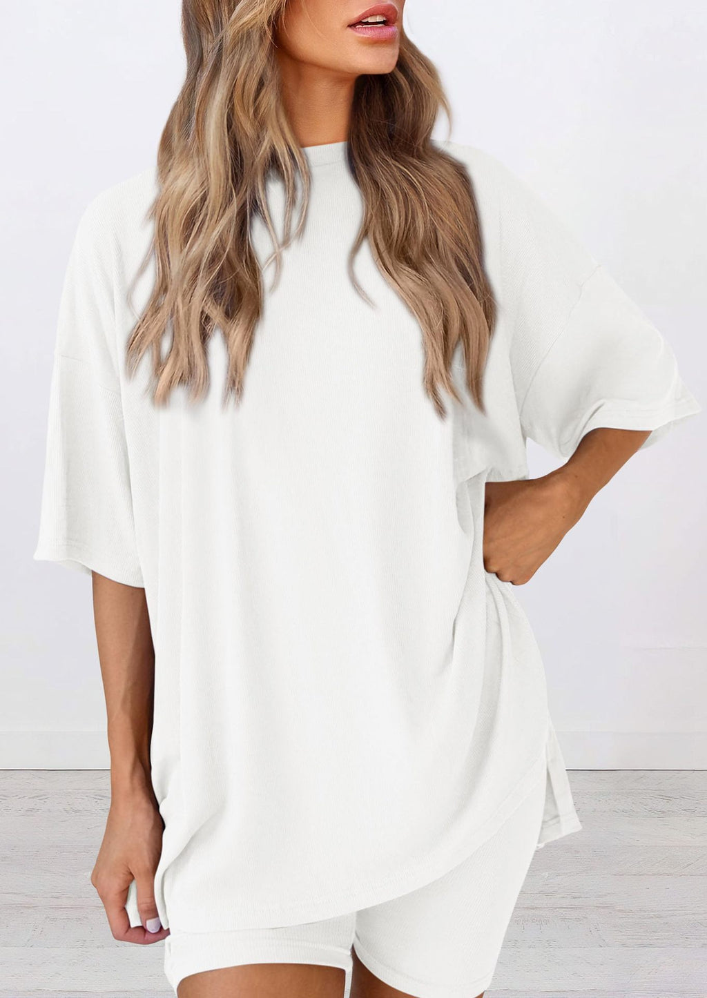 ⚡Low Stock | Crewneck Two-Piece Set For Women Summer  Casual Oversized  Split Hem Shirts & Minimalist Lounge Wear Soft Viscose Fabric Comfy Homewear Cozy Pjs