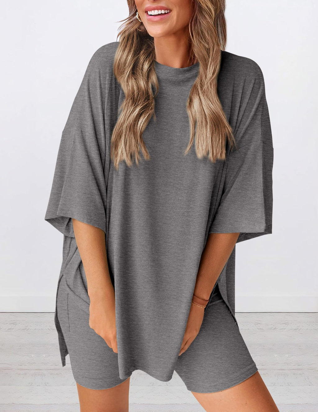 ⚡Low Stock | Crewneck Two-Piece Set For Women Summer  Casual Oversized  Split Hem Shirts & Minimalist Lounge Wear Soft Viscose Fabric Comfy Homewear Cozy Pjs