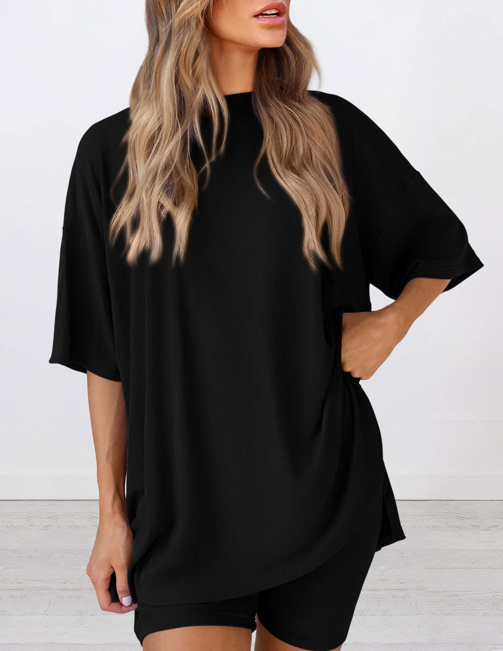 ⚡Low Stock | Crewneck Two-Piece Set For Women Summer  Casual Oversized  Split Hem Shirts & Minimalist Lounge Wear Soft Viscose Fabric Comfy Homewear Cozy Pjs
