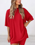 ⚡Low Stock | Crewneck Two-Piece Set For Women Summer  Casual Oversized  Split Hem Shirts & Minimalist Lounge Wear Soft Viscose Fabric Comfy Homewear Cozy Pjs