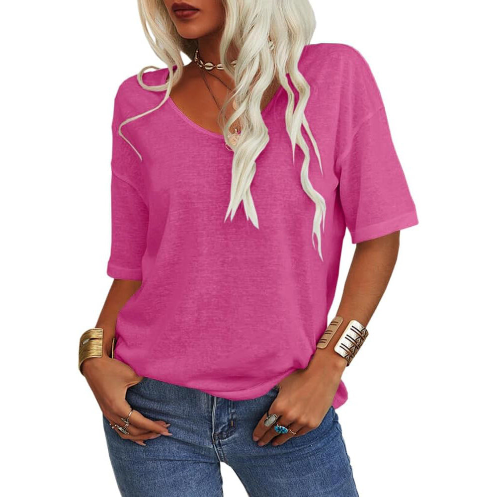 🔥 Best Seller | Women's Women Soft V Neck Tshirt Half Sleeve Lightweight Solid Color Loose Fit Minimalist Top Casual Comfortable Simple Womenswear shirts