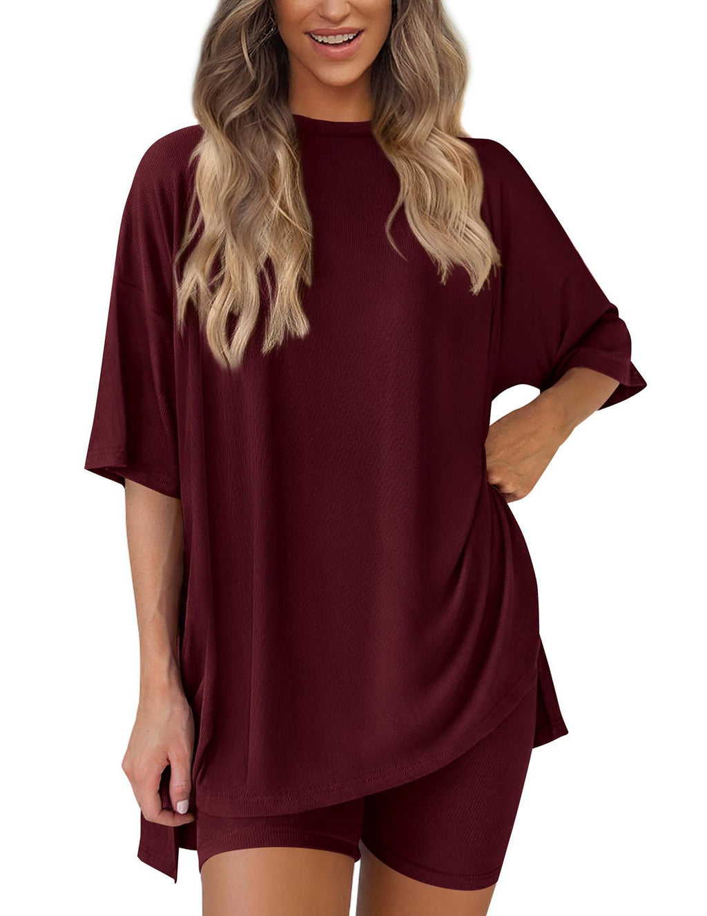 ⚡Low Stock | Crewneck Two-Piece Set For Women Summer  Casual Oversized  Split Hem Shirts & Minimalist Lounge Wear Soft Viscose Fabric Comfy Homewear Cozy Pjs