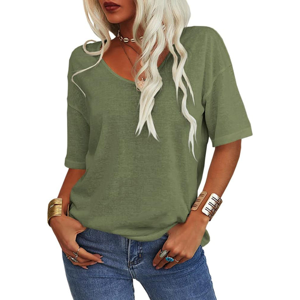🔥 Best Seller | Women's Women Soft V Neck Tshirt Half Sleeve Lightweight Solid Color Loose Fit Minimalist Top Casual Comfortable Simple Womenswear shirts