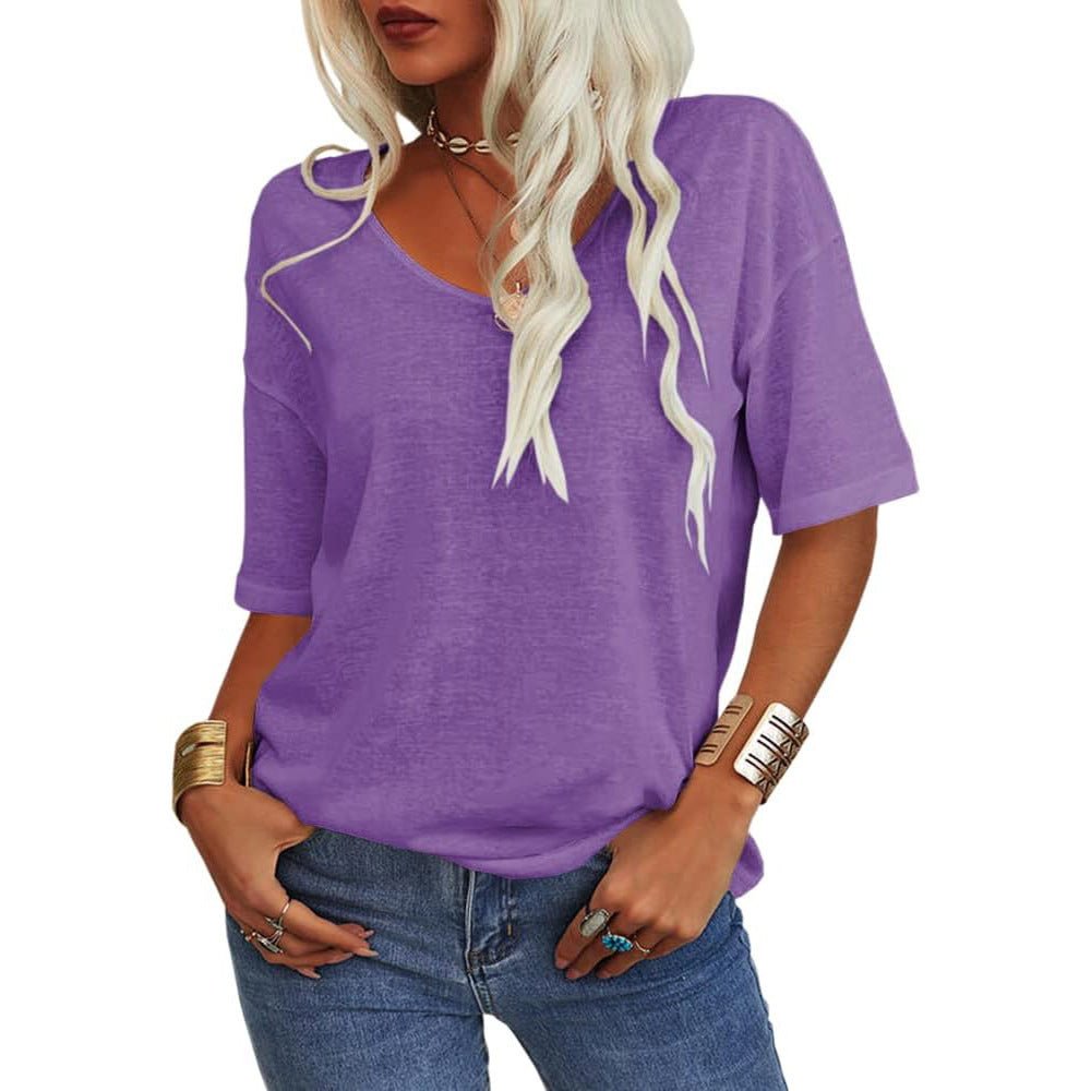 🔥 Best Seller | Women's Women Soft V Neck Tshirt Half Sleeve Lightweight Solid Color Loose Fit Minimalist Top Casual Comfortable Simple Womenswear shirts