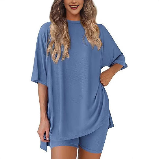 ⚡Nur noch wenige Exemplare verfügbar | Zweiteiliges Set mit Rundhalsausschnitt für Damen – Sommerliche, lässige Oversize-Shirts mit Schlitz am Saum & minimalistische Loungewear aus weichem Viskosestoff – bequeme Homewear, kuscheliger Pyjama 